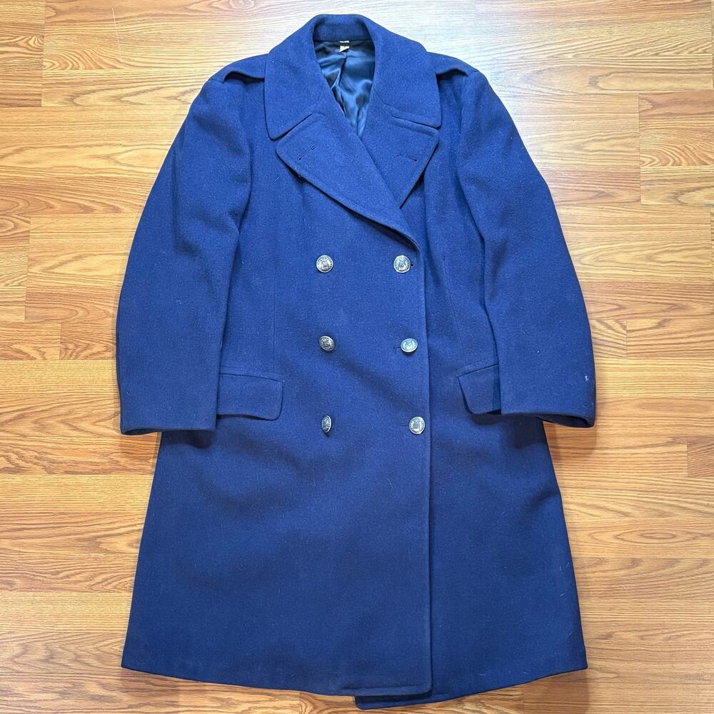 Vintage 1970s Navy Blue Wool Peacoat Men's Large Gold Buttons Double Breasted